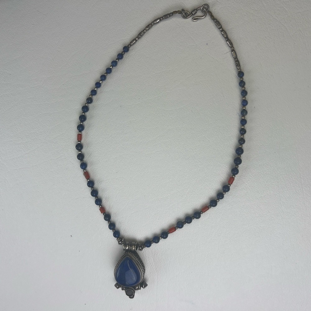 Vintage 925 Sterling Silver Lapis Lazuli Red Coral Beaded Pendant Necklace DIY